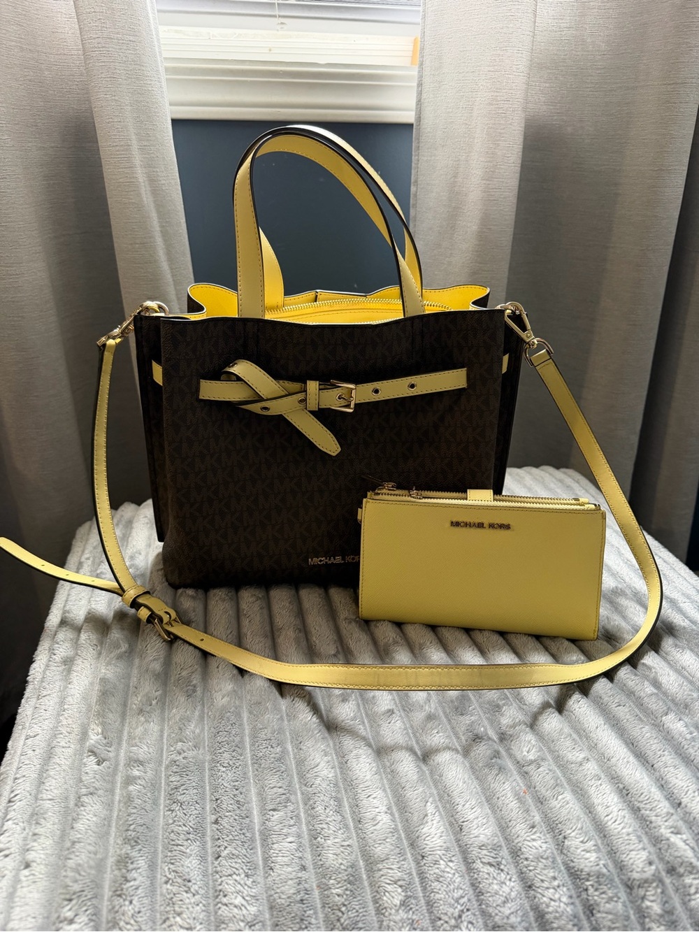 Michael Kors Brown Logo Tote with Yellow Trim and Wristlet